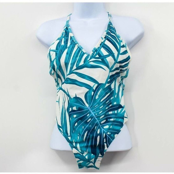 Cupshe Printed Adjustable Strap V-Neck Swimsuit One Piece Tropical Blue White - Picture 1 of 6